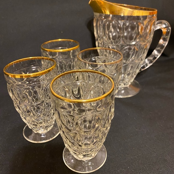 Jeannette Goldtrim Thumbprint Pitcher and glasses - Picture 5 of 6